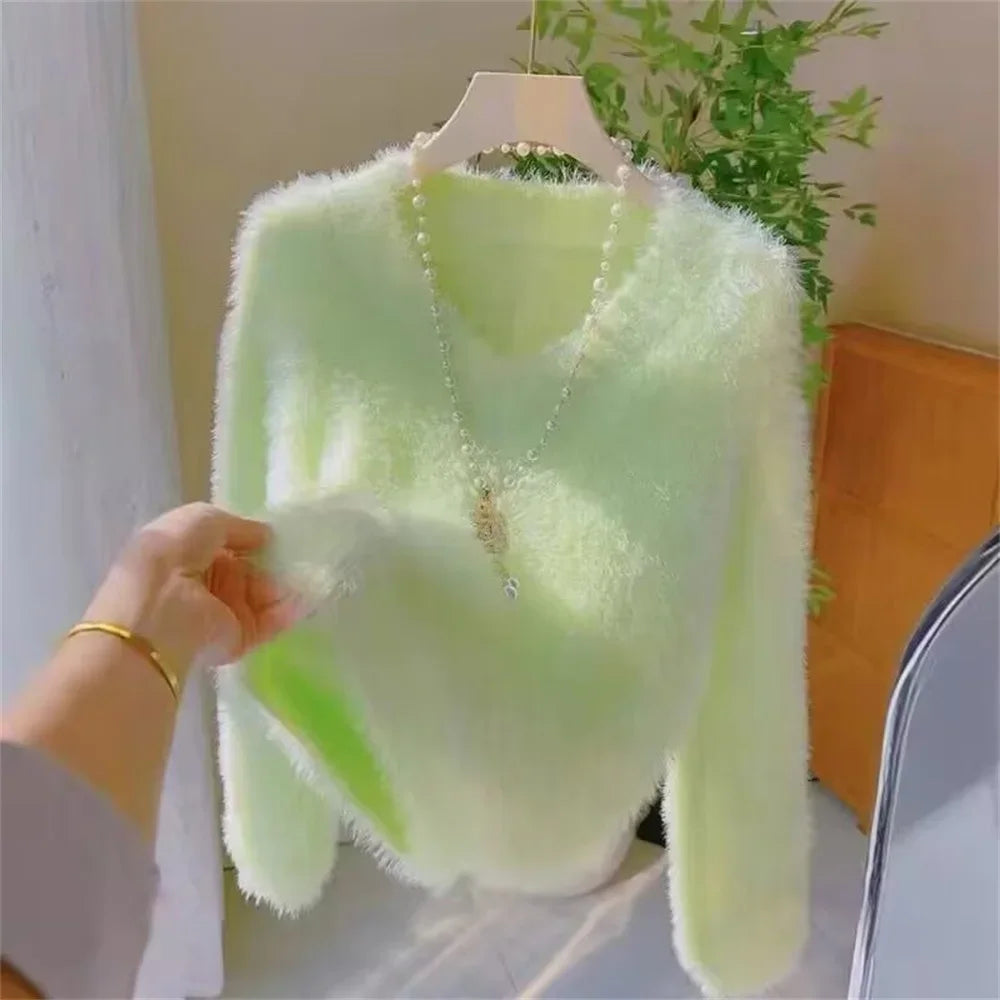 Korean Fashion Sweaters Women 2025 New Casual Mink Fur V-neck Pullover Female Autumn Winter Loose Sweater women's Clothing