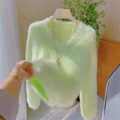Korean Fashion Sweaters Women 2025 New Casual Mink Fur V-neck Pullover Female Autumn Winter Loose Sweater women's Clothing