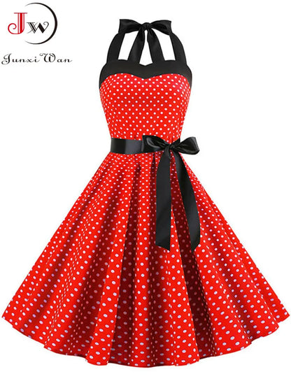 Women Summer Polka Dot Vintage Dress Fashion Party Office Lady 50s 60s Rockabilly Big Swing Halter Clothes Tunic Vestidos