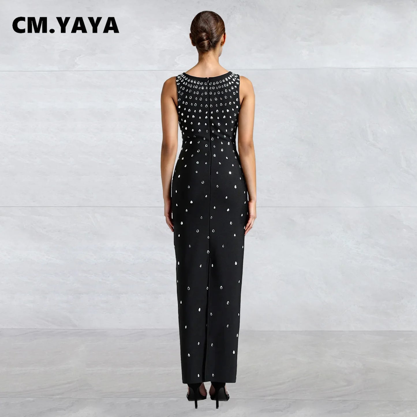 CM.YAYA Diamonds Hot Rhinestones Square Collar Women Sleeveless Bodycon Long Dress Birthday Party Evening Prom Maxi Dresses