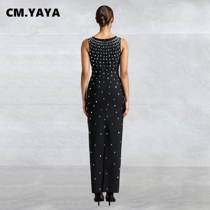 CM.YAYA Diamonds Hot Rhinestones Square Collar Women Sleeveless Bodycon Long Dress Birthday Party Evening Prom Maxi Dresses