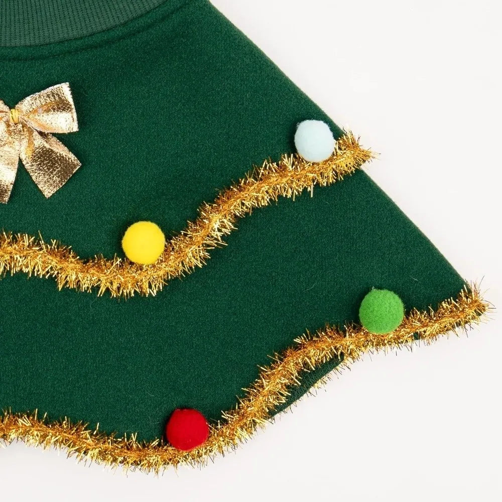 Cartoon Christmas Dog Cape Christmas Tree Design Polyester Pet Cloak Unique Adjustable Pet Christmas Clothing