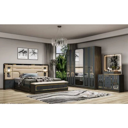 Modern Luxury Turkish style Bedroom Set – King Bed with Upholstered Headboard, Nightstands, Wardrobe with Mirrored Door, Dresser