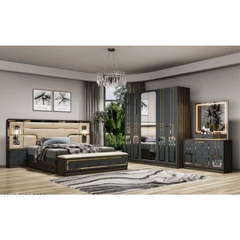 Modern Luxury Turkish style Bedroom Set – King Bed with Upholstered Headboard, Nightstands, Wardrobe with Mirrored Door, Dresser