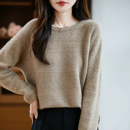 New Arrival Women's Hollow Out 100% Wool Knitted Sweater Round Neck Long Sleeve Slim Fit Breathable Pullover Versatile Daily Top