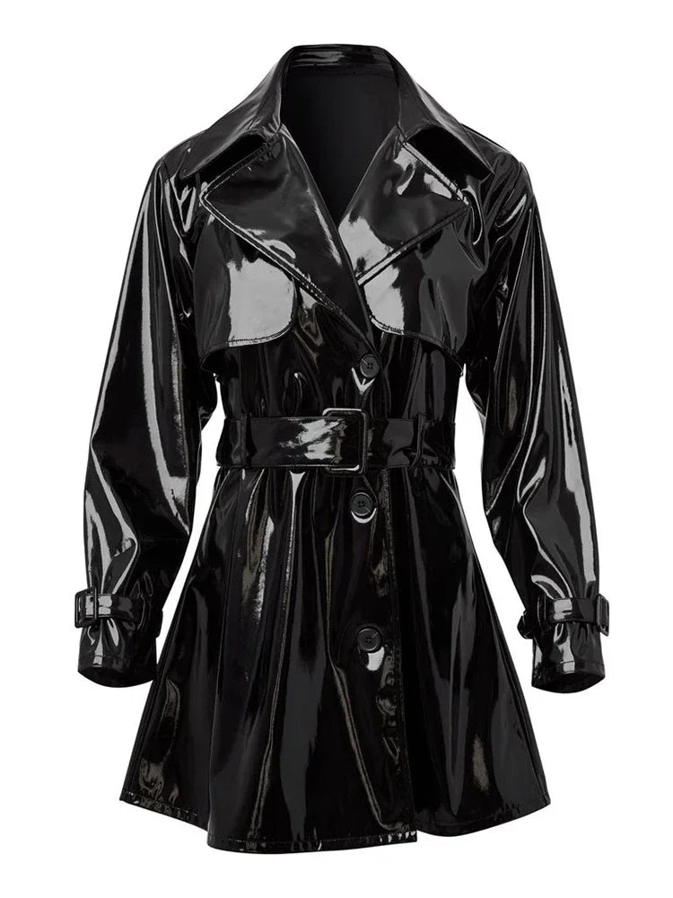 Women Faux Leather Jacket Coat Glossy Patent Leather Trench Overcoat With Belt Gothic Black PVC Laple Blazer Suit Pocket Custom