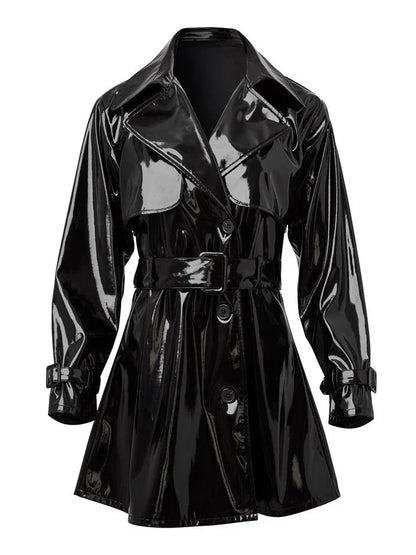Women Faux Leather Jacket Coat Glossy Patent Leather Trench Overcoat With Belt Gothic Black PVC Laple Blazer Suit Pocket Custom