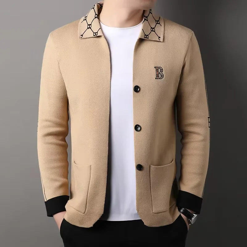 High end brand long sleeved men's lapel knitted cardigan autumn winter fashion B letter embroidery design casual  sweater  coat