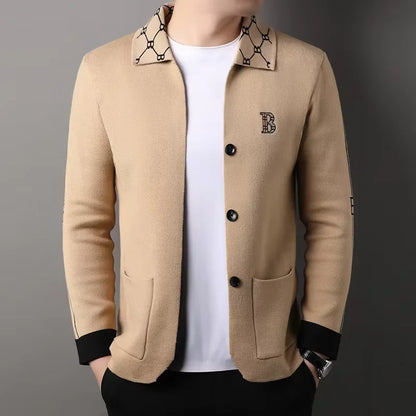 High end brand long sleeved men's lapel knitted cardigan autumn winter fashion B letter embroidery design casual  sweater  coat