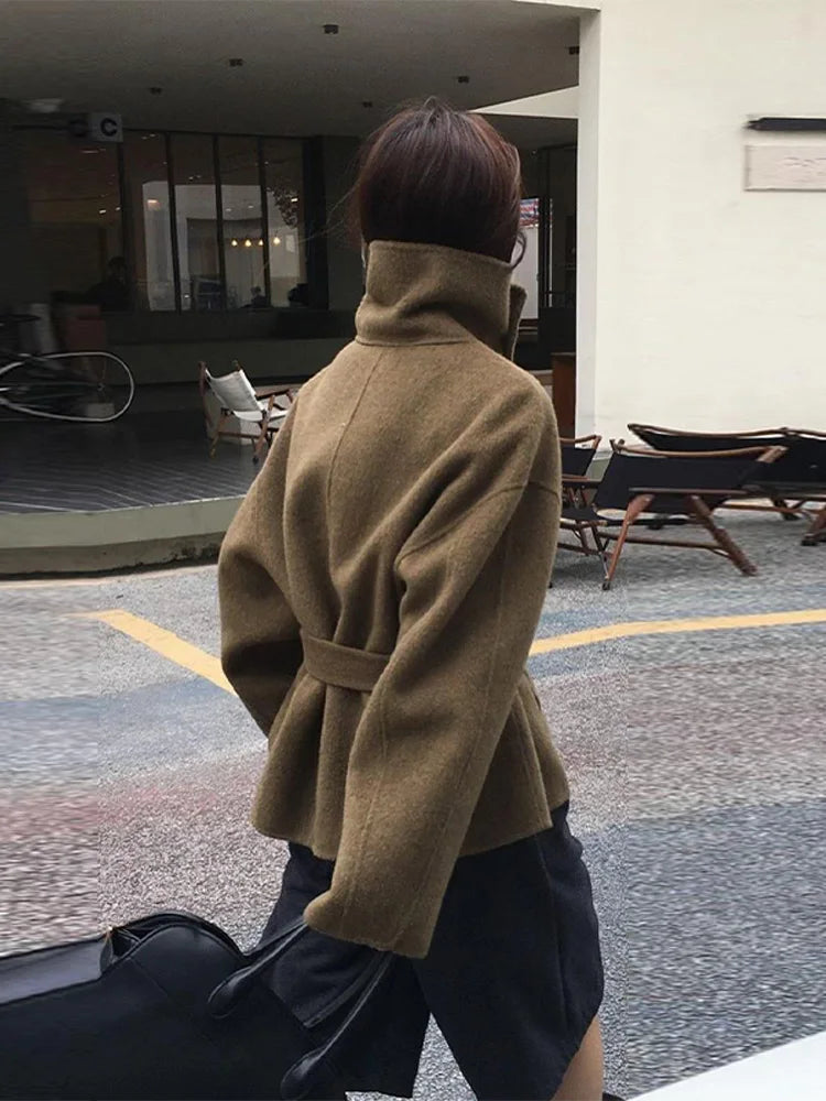 Elegant Women's Belt Stand Collar Woolen Coat Chic Single Breasted Full Sleeve Jacket 2025 Autumn Winter Lady Commute Streetwear