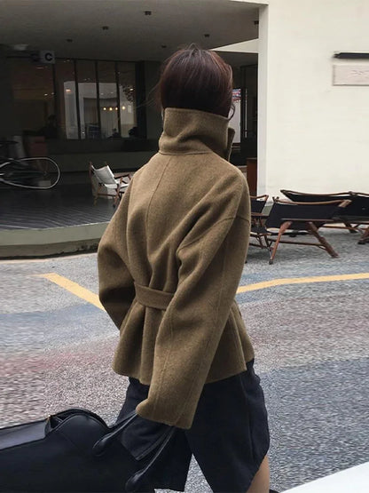 Elegant Women's Belt Stand Collar Woolen Coat Chic Single Breasted Full Sleeve Jacket 2025 Autumn Winter Lady Commute Streetwear