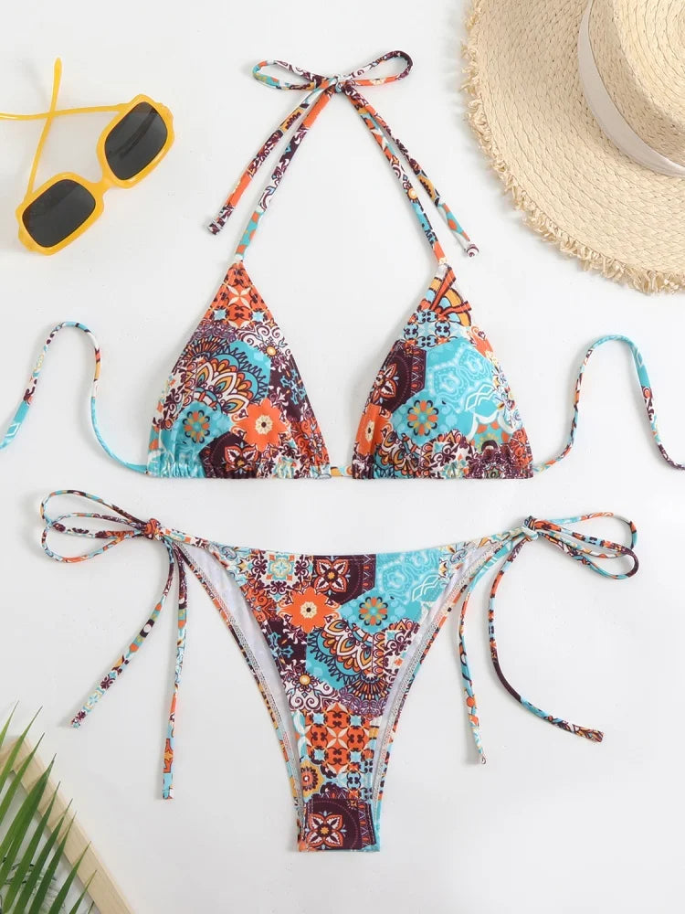 Bikini Women Swimsuit 2026 New Print Halter Bikinis Set Sexy Thong Swimwear Summer Two Piece Backless Beach Bathing Suit Female