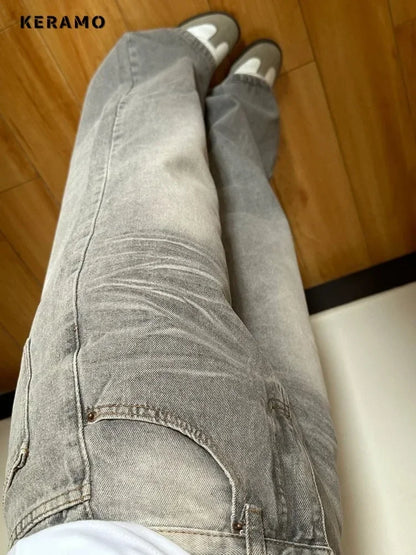 Women's Grey Vintage Jeans High Street Denim Trouser Casual Goth Pants High Waist Straight Streetwear Baggy Hosen Female  Y2K