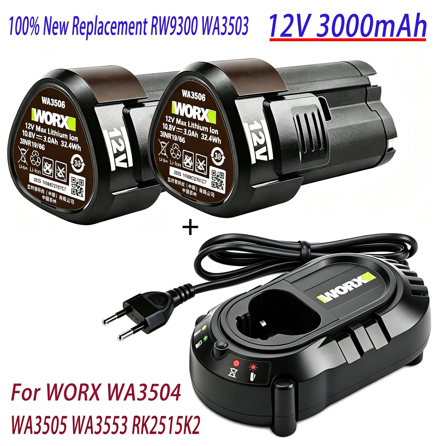 100% New 12V 3000mAh RW9300 WA3503 Replacement Li-ion Battery For Worx WA3504 WA3505 WA3553 RK2515K2 Cordless Tool Power Battery
