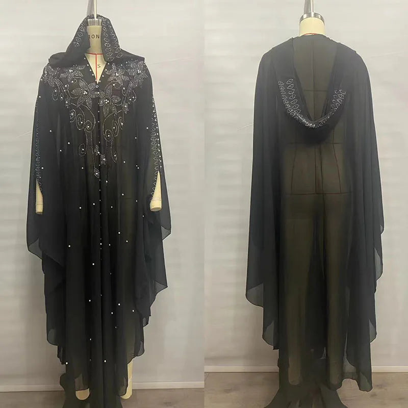 Middle East African Dresses for Woman Luxury Diamond Bead Muslim Long Robe Veiled Women Wearing Hooded Cloak Bat Sleeve Dress