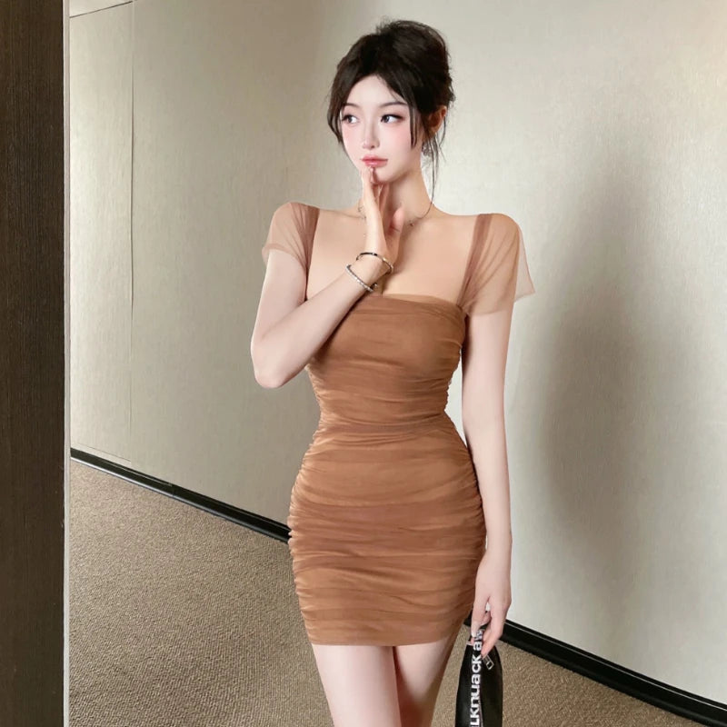 Mesh Dresses Women Summer New Sexy Slim Trendy Korean Style Simple Sleeveless Design Elegant Temperament Female Tender Party Ins