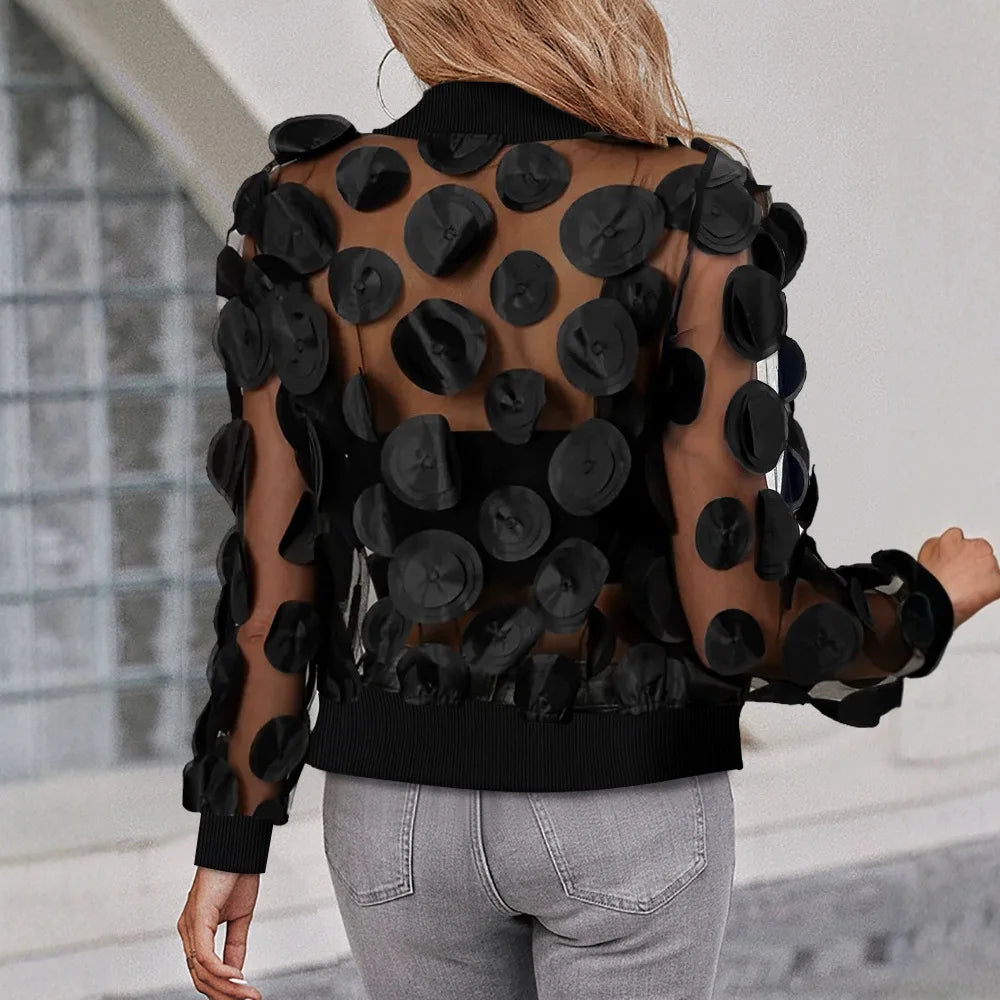 Cardigan Jacket Women New Autumn Latest 2025 Floral Pattern Sheer Mesh Baseball Collar Zip Up See Through Jacket Open Front Coat