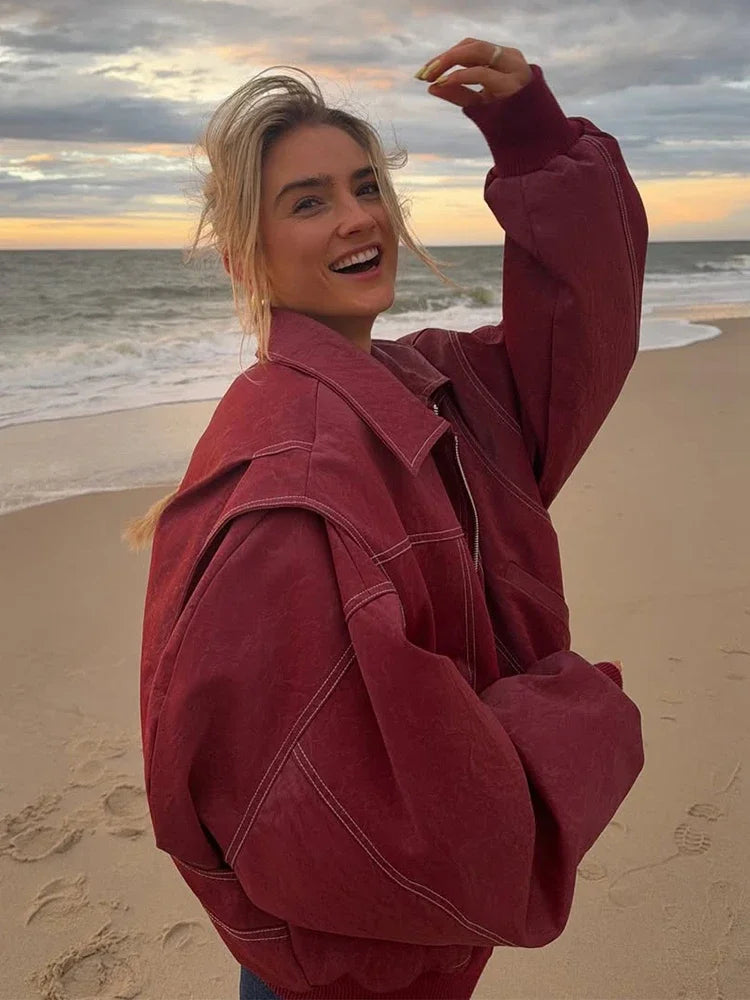 Solid Patchwork Cropped Coat Women Lapel Long Sleeve Loose Zipper Pockets Jacket Fashion Autumn Lady Casual Street Outerwear