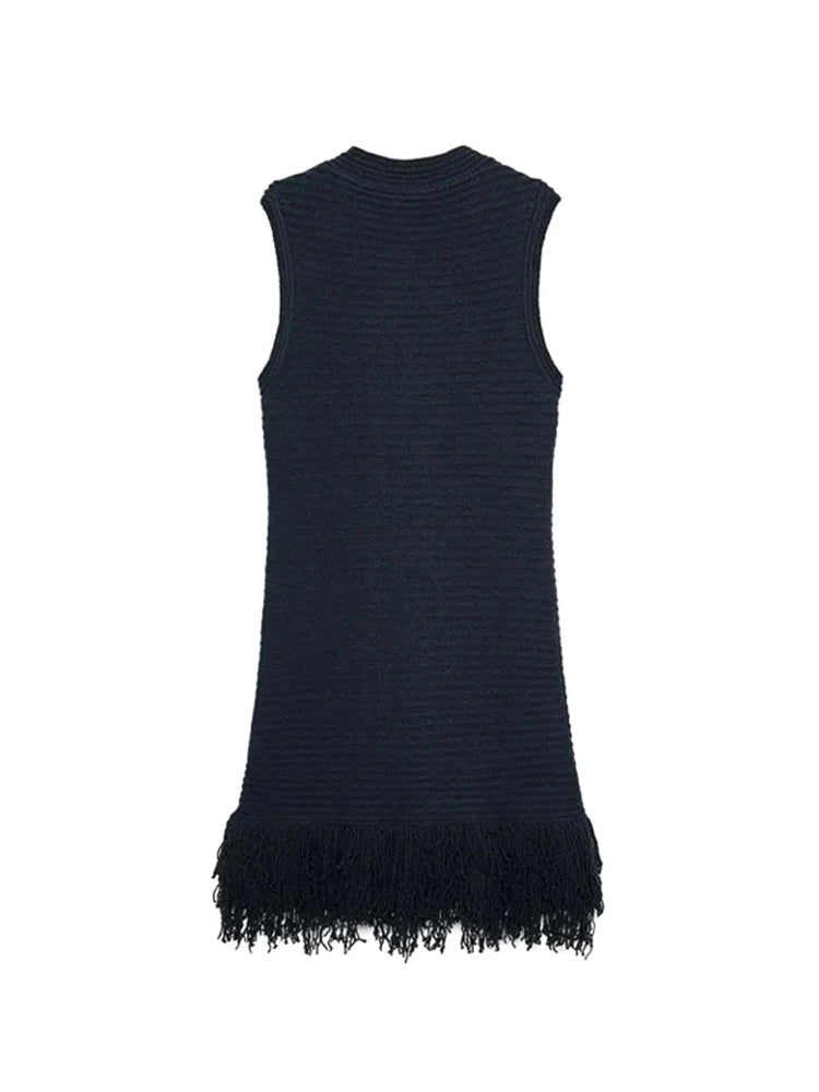 Elegant Women's Black Sleeveless Ribbed Knit Mini Dress Summer New Fringe Hem Bodycon Fit Dresses Casual Party Night Outfit