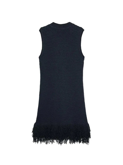 Elegant Women's Black Sleeveless Ribbed Knit Mini Dress Summer New Fringe Hem Bodycon Fit Dresses Casual Party Night Outfit
