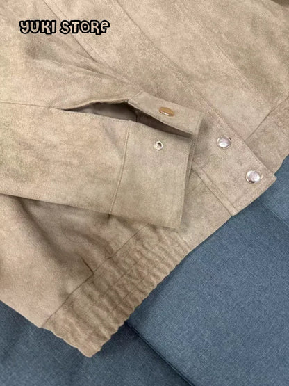 Chic Suede Bomber Jackets Women Loose Lapel Zipper Long Sleeve Pockets Female Coats 2025 Autumn Lady Commute Outwear New