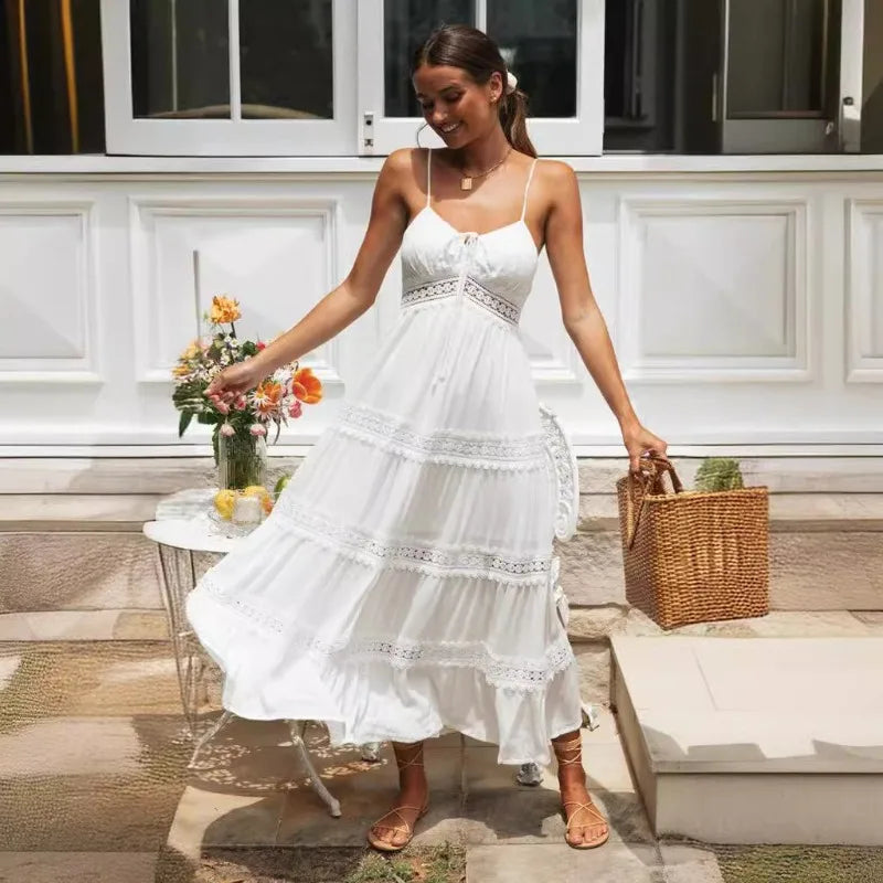 New Summer Woman Dress Sleeveless Solid White Strap Boho Dresses Beachwear Sundress Clothes Bohemian Off-the-shoulder Dress Lace