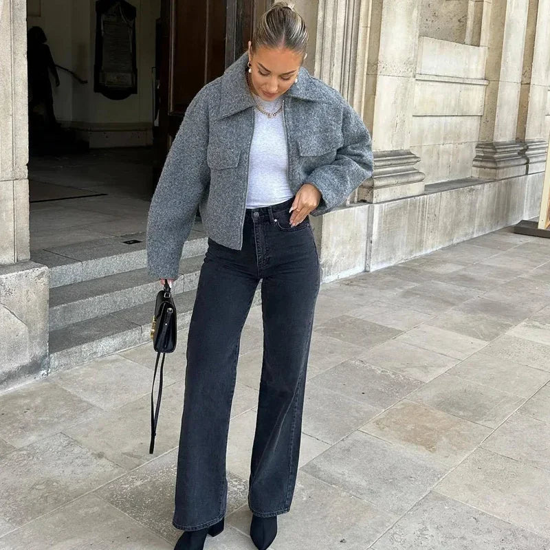 HXAO Women's Coats Autumn Winter Solid Short Coats For Women Tweed Faux Wool & Blends Coats Long Sleeve Cropped Womens Coat