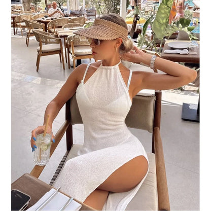 2025 Kintted Cover Up Beach Sexy See Through Maxi Slit Bodycon Summer Dress Bikinis Cover-ups  Elegant Halter Beachdress