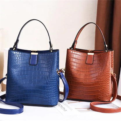 Vintage Stone Leather Handbag Shoulder Crossbody Bags Fashion Female Bucket Bag Large Capacity Women Tote Bag