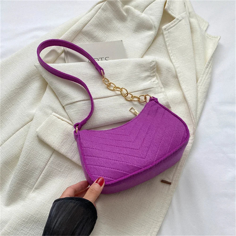 Felt Mini Shoulder Bag Women Fashion Solid Color Casual Handbags with Chain Shoulder Pouch Simple Light Weigh Underarm Bag