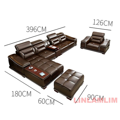 Modern L-Shaped Genuine Leather Sectional Sofa with Chaise Lounge, Adjustable Headrests, USB, Bluetooth Speaker & Cup Holder