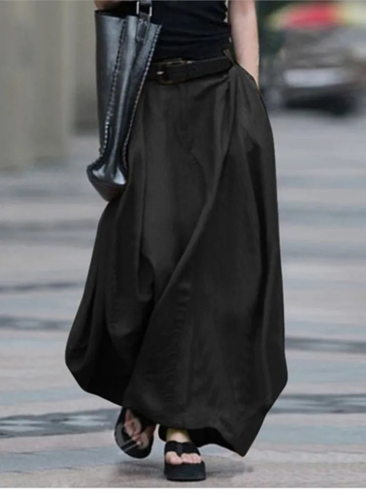 Autumn Women's Vintage Simple Skirt Summer Fashion Loose Solid Cotton Linen High Waist Casual Beach A-line Maxi Skirts Female