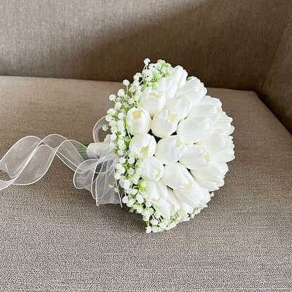 Bride Bouquet Wedding Flowers Bridal Bridesmaids PU Tulip Baby's Breath Artificial Flowers Table Centerpieces Prom Accessories