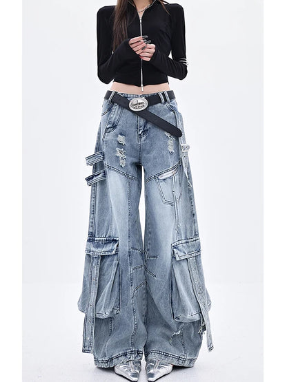 American Deconstructed Sa Multi-ket Workwear Jeans Women Loose Wide Leg Pants High Waist Long Trousers Blue Casual