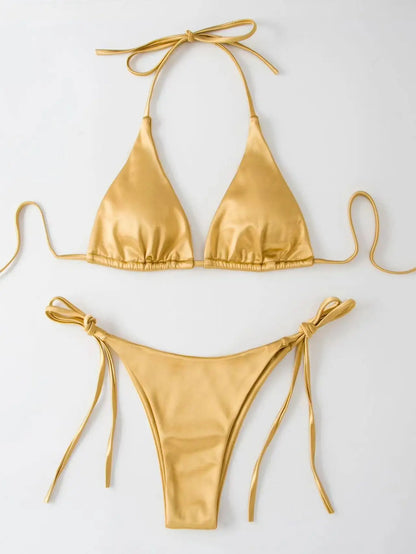 Sexy Women's Metallic Halter Top Two Piece Swimsuit Tie Side Triangle Bikini Summer Solid Bathing Suit Beachwear Bikini Set