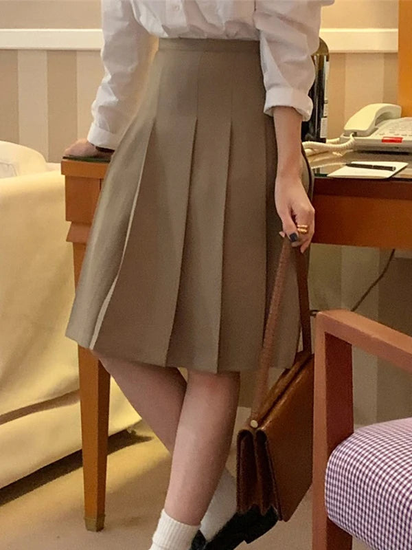 Khaki High Waist A-Line  Skirt Women's Spring Summer New Sle Slimming Small Size Pleated Skirt Commute Sle