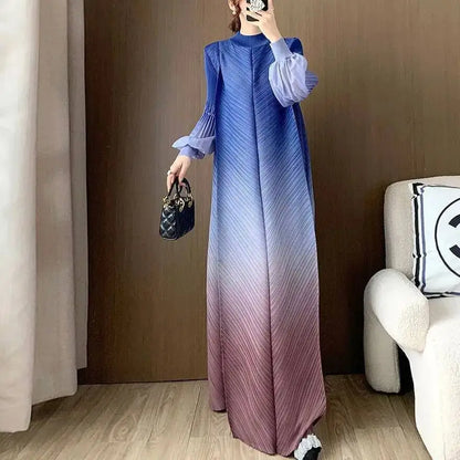LANMREM Niche Gradient Colorblock Design Pleasted Women's Dress 2025 New Loose Chic Long Sleeve Temperament Long Dresses 2DB3396