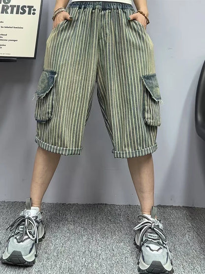 Amax luluE Summer Womens Fashion Striped Denim Pants Females Loose Leisure Elastic Waist Jeans Classic Vintage Luxury Trousers