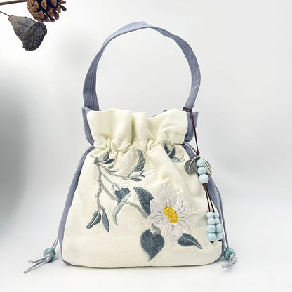 Chinese Style Retro Flower Embroidery Crossbody Top-handle Bags Women Shoulder Lace Drawstring Bucket Bag Coin Purses Handbags