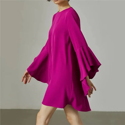 2024 Spring Autumn Fashion Solid Mini Dress New Elegant Women's Round Neck Ruffled Sleeves Loose Casual Office Lady Dresses Robe