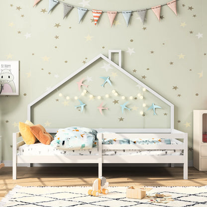Anajqaqia 90x200 cm Single Bed, Children's Bed with Safety Rails and Slatted Frame, House Bed Design, Pine, White