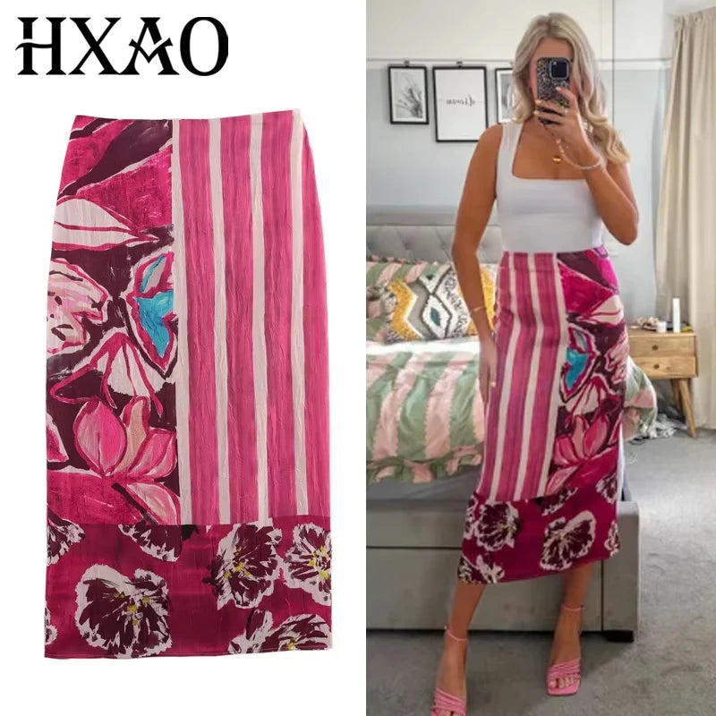 HXAO Women's Print Satin Skirt Summer 2025 Woman Vintage High Waist Long Skirt Midi Pencil Floral Slit Wrap Skirt Casual Skirts