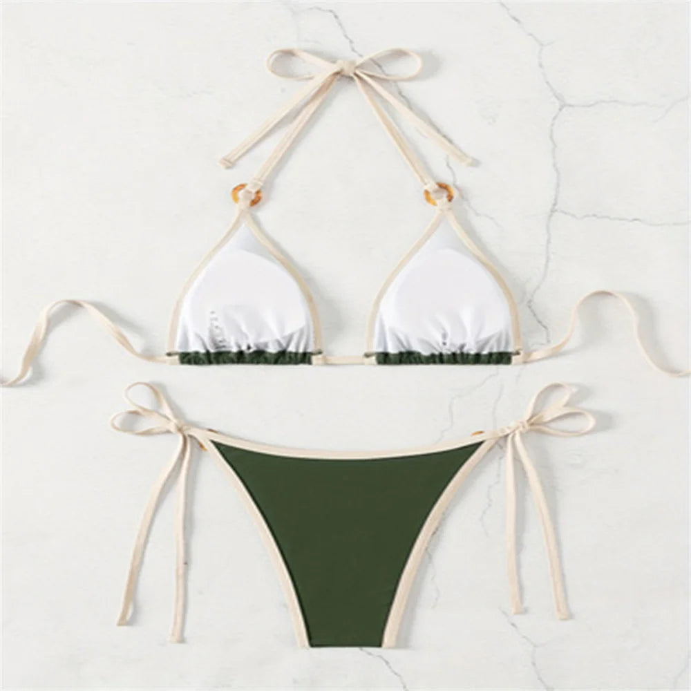 Micro Green Bikinis Halter String Border Y2K Swimsuit Push Up Backless Biquini Vacation Swimwear Women Beach Outfit Bathing Suit