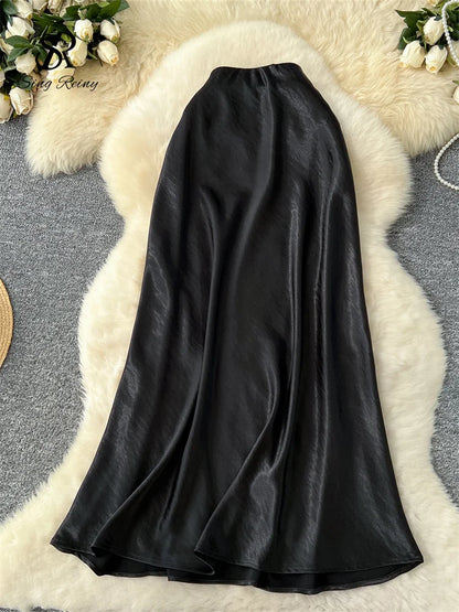 SINGREINY Senior Solid Satin Skirt Elastic Waist 2025 Newest Frence Elegant Women Fashion Basics Office Lady Skinny Midi Skirt
