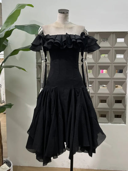 DFDG Women’s Designer Flowy Off-Shoulder Ruffle Solid Color Midi Evening Gown Birthday Party Spring Summer 2025 Womens Dresses