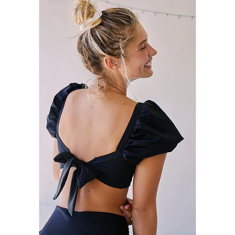 2024 Bikinis Sexy Solid Color Backless Puff Sleeves Split Swimsuit Black Feminine Summer Beachwear Bathing Suit Women Swimwear