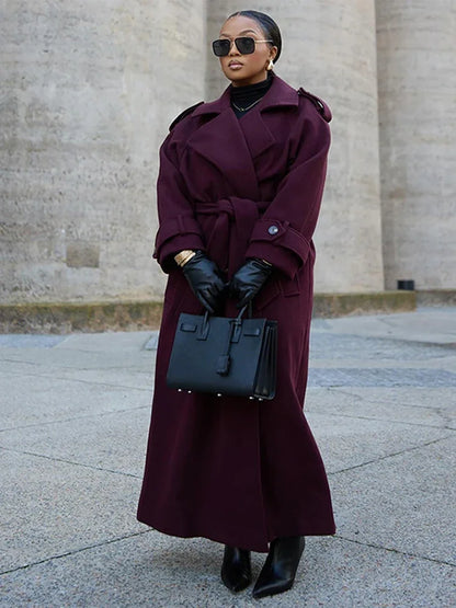 Elegant Burgundy Woolen Coat With Belt Women Lapel Full Sleeve Double Breasted Lady Overcoat 2024 Autumn Winter Female Outwear