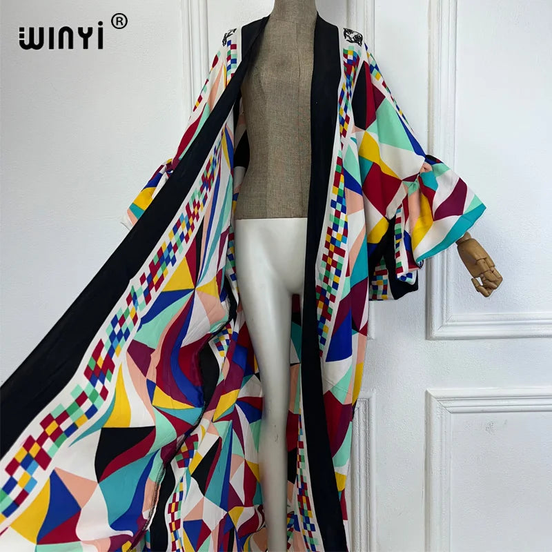 WINYI cotton feeling kimono print Self Belted dress Women Elegant holiday Bubble sleeve cardigan beach Wear Swim Suit cover up