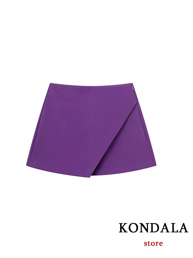 KONDALA Women Fashion 2025 Casual Mini Asymmetrical Skirts Shorts High Waist Back Pockets Wide Leg Skirts Zipper Female Shorts