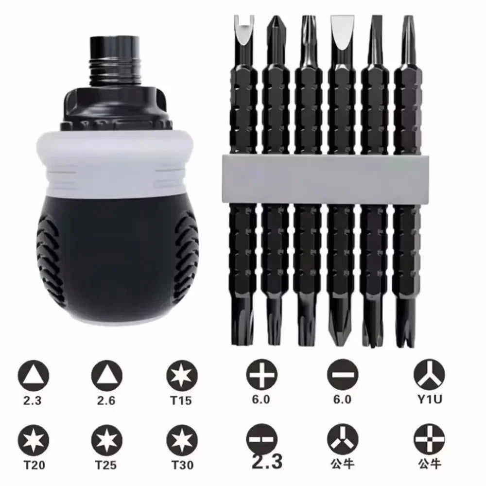 Non Slip Short Handle Ratchet Screwdriver Set 12 Multi Shape Double Head Bits Electronic Toy Repair Maintenance Supply